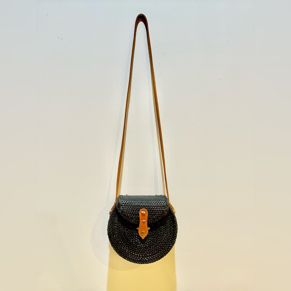Anthropologie Bali Black Rattan Woven Boho Crossbody Bag